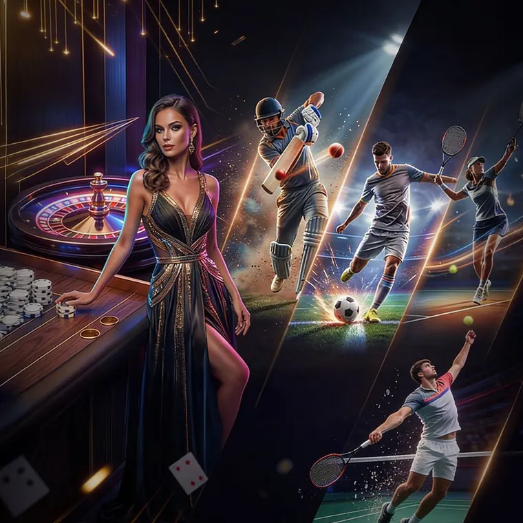 Diverse group of people enjoying online casino games on various devices, representing taya365's user-friendly platform and global reach, in a professional and secure setting with gold accents.